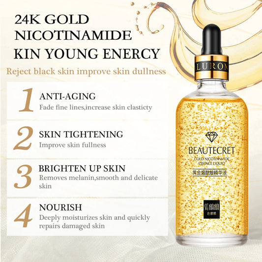 24K Golden Niacinamide Essence Liquid Deeply Nourishes Anti Wrinkles Anti Aging Hyaluronic Acid Nourish Skin Facial Moisturizer