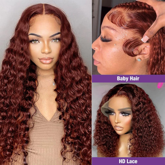 Reddish Brown 13x6 Water Wave Lace Frontal Glueless Wig Copper Red 13X4 Water Wave Human Hair Wigs 5X5 HD Closure Wig PrePlucked