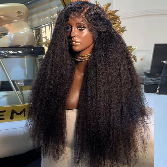 Yaki Soft 26”Long Natural Black Kinky Straight 180Density Lace Front Wig For Women Babyhair Heat Resistant Preplucked Glueless