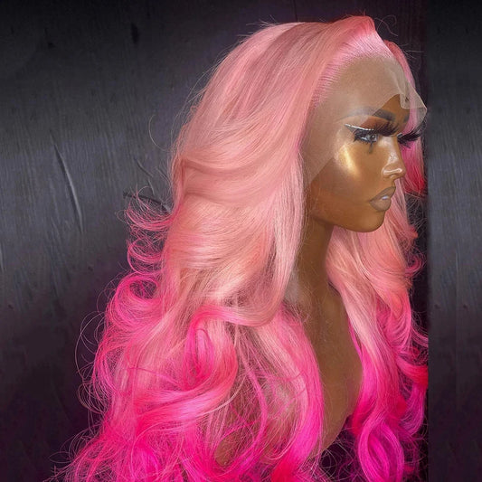 26Inch Ombre Pink Color Transparent Synthetic Lace Front Wig Drag Queen Loose Wave Highlight Cosplay Glueless Women's Lace Wigs