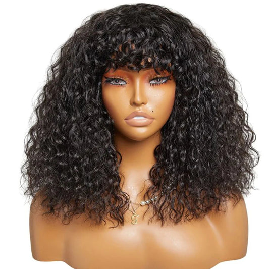 Fringe Bang Wig With Deep Wave Human Hair Water Wave Natural  Deep Curly Brazilian Hair Wigs 180% Density For Women