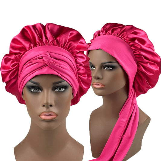 Women Satin Bonnet Spandex Wide Stretchy Band Long Tail Bonnet for Women