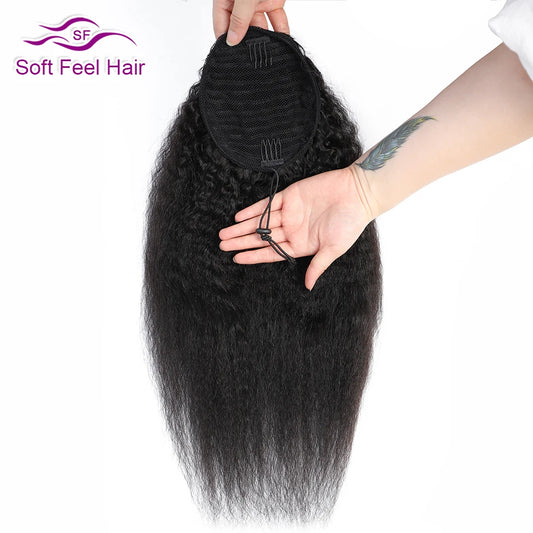 Drawstring Ponytail Human Hair Afro Kinky Straight Ponytail Remy Brazilian Hair Extensions Clip Ins Natural Color Ponytail