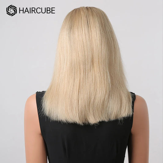 HAIRCUBE Blonde Straight Human Hair Lace Front Wig Middle Part Layered Fluffy Natural Shoulder Long Bob Wig Women Remy Daily Use