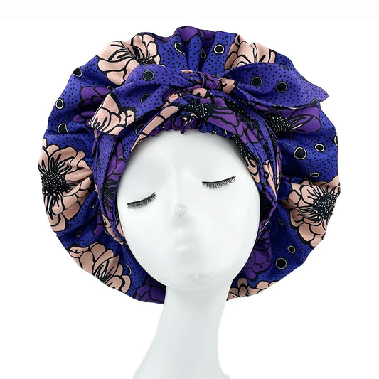Large Size African Print Satin Bonnet with Long Ribbon Wrap Double Layer Headwrap Ankara Pattern Women Hair Cover Hair Wrap Cap