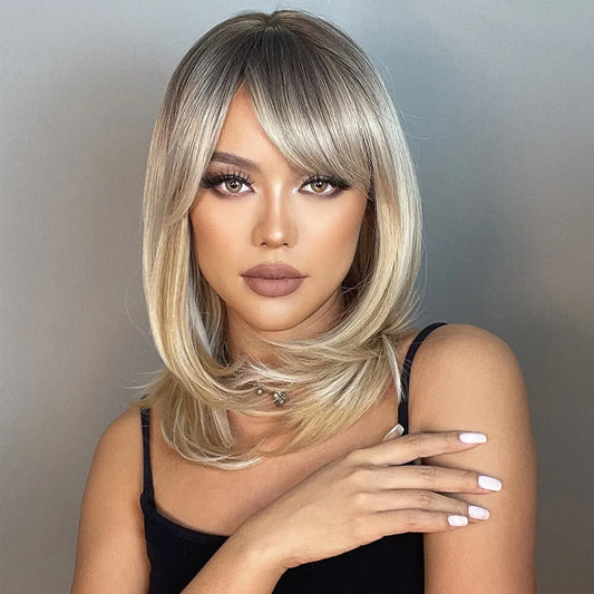 Short Straight Blonde Hair For Black Women Shoulder Length Layered Natural Hairline Synthetic Heat Resistant Wig