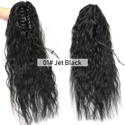 Curly Ponytail Human Hair 16inch Claw on Drawstring Ponytail Hairpiece Natural Wave 100G Jet Black 01