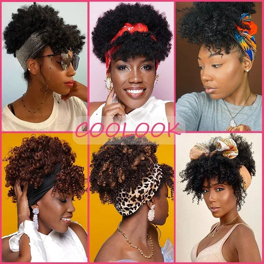 Short Kinky Curly Headband Wigs for Black Women Afro Curls Blonde Wigs with Scarf Natural Curly Cosplay Wig Synthetic False Hair