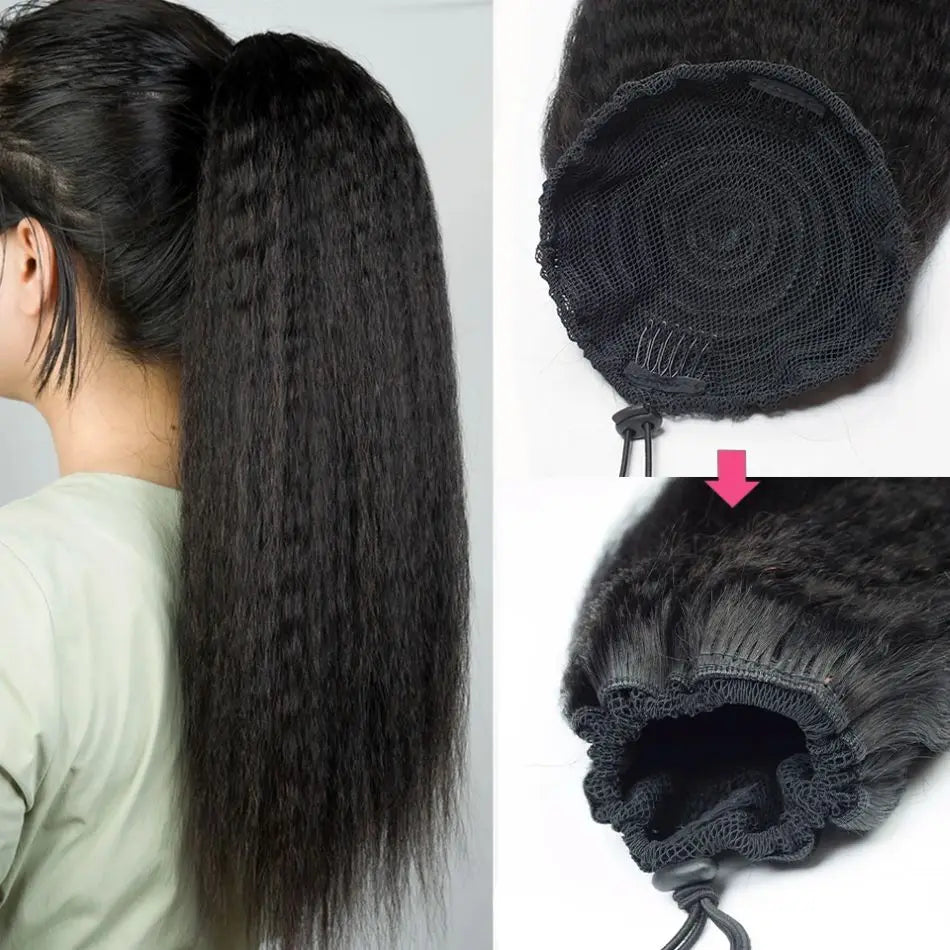 24 Inches Kinky Straight Ponytail Extension 100% Human Drawstring Ponytail For Black Women Yaki Pony Tails Hair Extensions