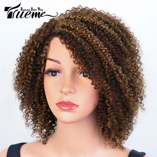 Trueme Afro Kinky Curly Human Hair Wigs Ombre Highlight Human Hair Wig With Bangs Colored Brazilian 4a Curly Bob Wig For Women