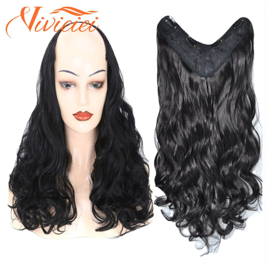 V-Shape Clip in Hair Extensions Synthetic U part Curly Wave Clips in Hairpiece One Piece 3/4 Full Head Half Wig Thick Hairpiece