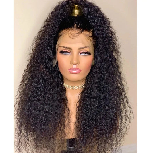 QW  Soft Glueless Synthetic Kinky Curly Lace Front Wig For African Women Black 1B Color Baby Hair Black Preplucked Daily Cosplay