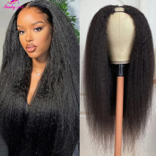 Kinky Straight Wigs Yaki Straight Wigs Natural Black Hair Wigs for Women V-Part Wigs Glueless Human Hair Wig No Sew in 24 inches