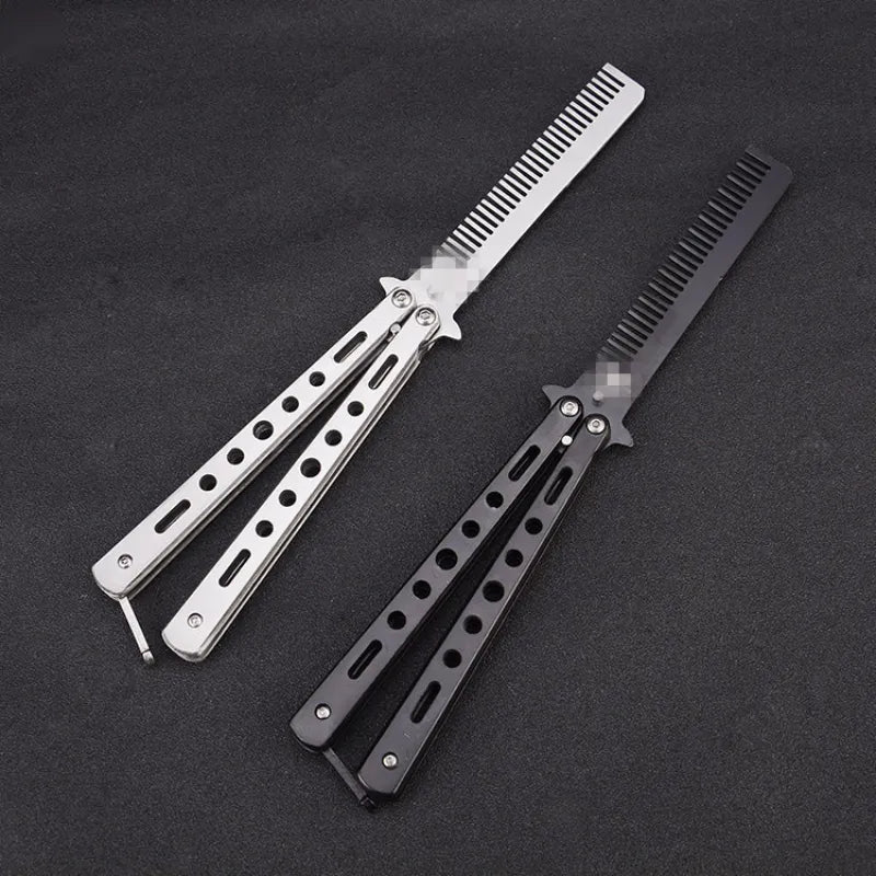 Foldable Comb Stainless Steel Practice Training Butterfly Knife Comb Beard Moustache Brushe Salon Hairdressing Hair Styling Tool