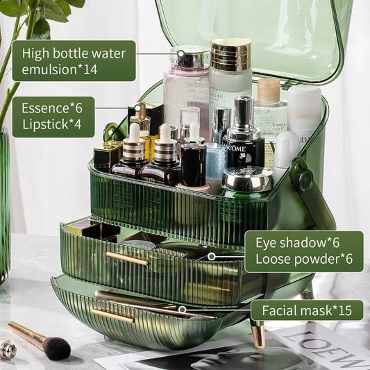 CANITORON Makeup Organizer, 3 Layers Large Capacity Cosmetic Storage, Cosmetic Display Case with Glass Brush Holder