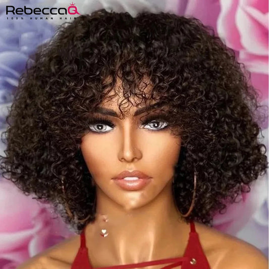 Jerry Curly Human Hair Wigs with Bangs Full Machine Made Wigs Highlight Honey Blonde Colored Wigs For Women Peruvian Remy Hair