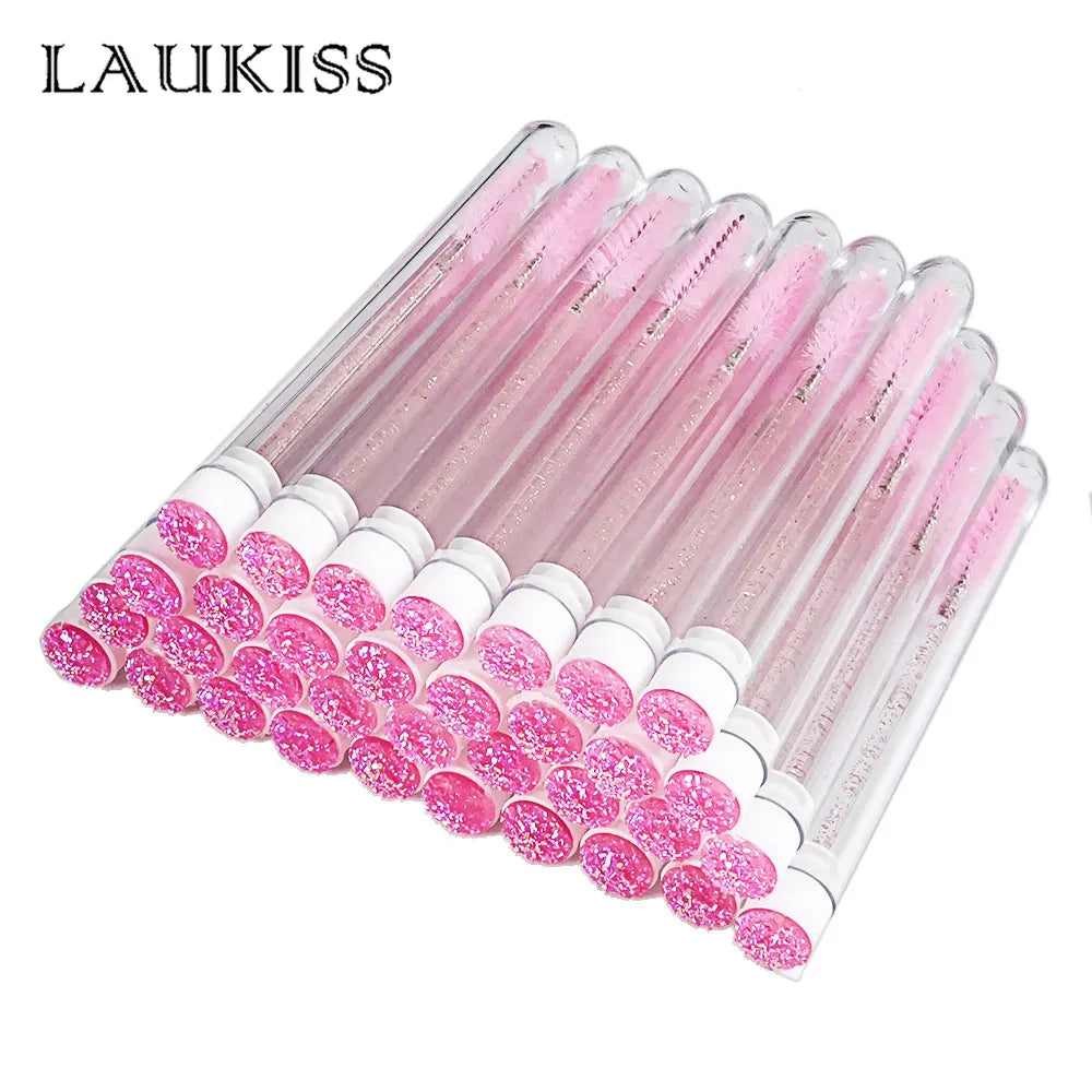 50pcs Reusable Eyelash Brush Tube Disposable Eyelash Wands Eyebrow Brush Replaceable Dust-proof Sparkling Broken Diamond Bottom