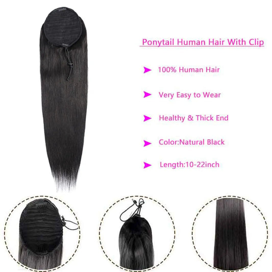 Long Straight Drawstring Ponytail Multi Layered Light Soft Tangle-Resistant Clip in Hair Extensions for Women