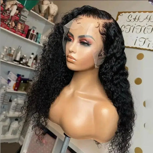 Soft Preplucked Glueless 26Inch Long Natural Black Kinky Curly 180Density Deep Lace Front Wig For African Women Babyhair Daily