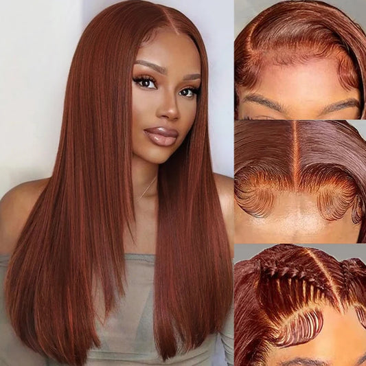 Reddish Brown Layered Cut Wig Copper Red Straight Lace Front Wigs For Women Synthetic 13X4 Glueless T Part Heat Resistant Wigs