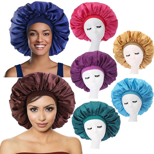 42cm Silk Bonnet For Sleeping Large Satin Hair Bonnets Soft Elastic Band Silk Sleep Cap Black Gold Silk Hair Wrap For Curly Hair