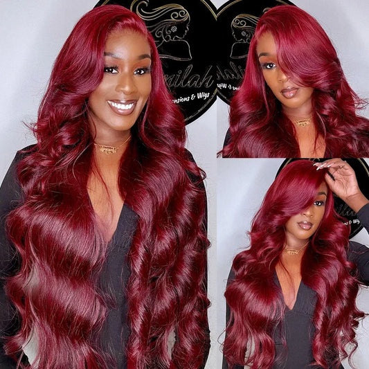 Cosdelu 250 Density 99J Burgundy 13x4 13X6 HD Body Wave Lace Front Human Hair Wigs 40 Inch Red Colored Frontal Wig for Women