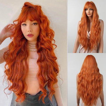 Long Water Wave Synthetic Wigs Curly Light Orange Ginger Wig with Bangs for Black White Women Halloween Cosplay Heat Resistant