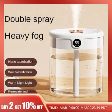 New 2L Double Spray Humidifier Atomizer Usb Large Capacity Home Mute Bedroom Office Night Light Digital Display Humidifier