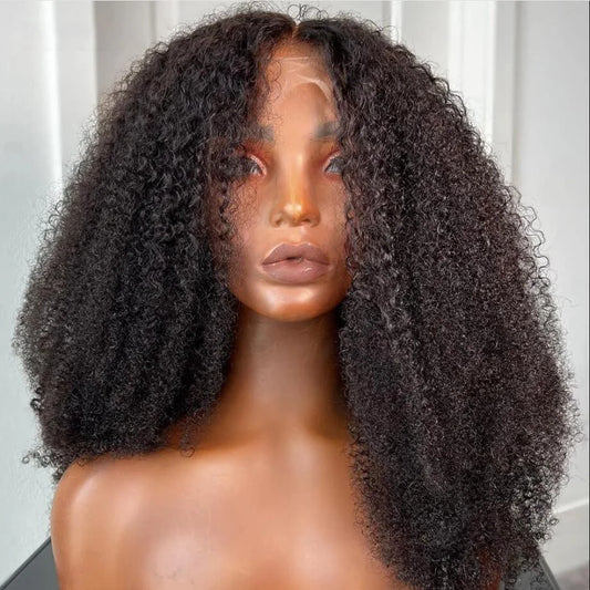 Soft Preplucked Glueless 26Inch Long Natural Black Kinky Curly 180Density Deep Lace Front Wig For African Women Babyhair Daily