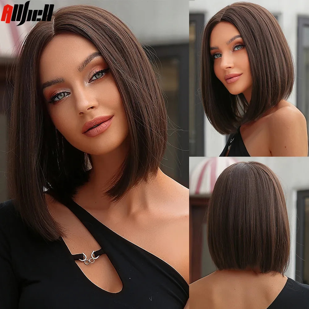 Dark Brown Synthetic Wig Middle Part for Cosplay Daily Short Straight Bob Wigs for Black Women High-Temperature Natural Hair