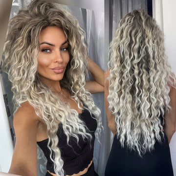 GNIMEGIL Synthetic Ash Blonde Long Wig Curly Hair 80s Wig for Woman Natural Fluffy Hair for Women Regular Big Wave Volume Wigs