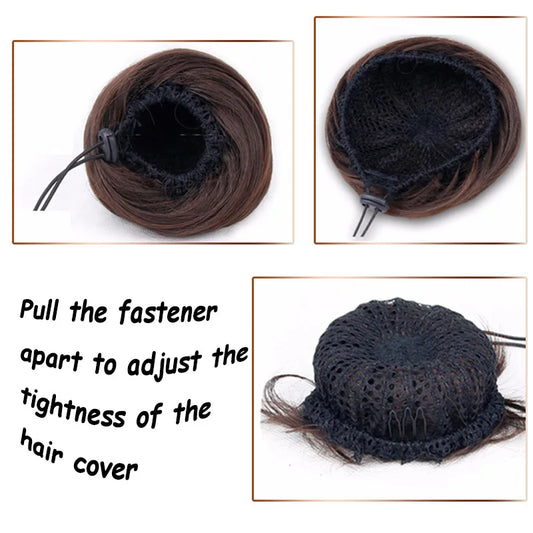 MANWEI Synthetic Clip-on Hair Bun Elastic Band Straight Hair Chignon Extension Scrunchie Hairpiece For Women and Kids