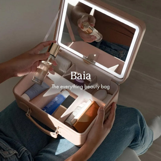 Travel Makeup Bag, Baia (Nude) - Hard Shell Storage Organizer with Large LED Lighted Mirror