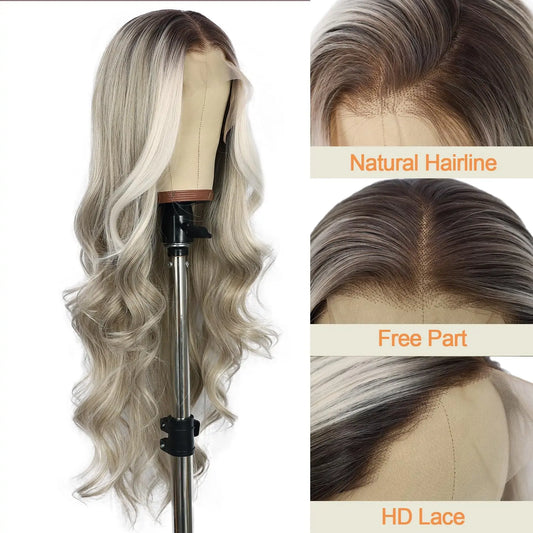 Synthetic Lace Front Wigs Highlight Gray Hair 13×4 Natural Hairline Body Wave Party Daily Wear 26inch