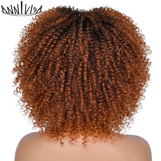 Short Hair Afro Kinky Curly Wigs With Bangs African Synthetic Ombre Glueless Cosplay Wigs For Black Women High Temperature