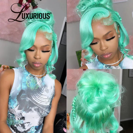 Pre Plucked Mint Green Body Wave Wigs For Black Women Brazilian Virgin Human Hair Party Wigs 13x4 Transparent Lace Front Wigs
