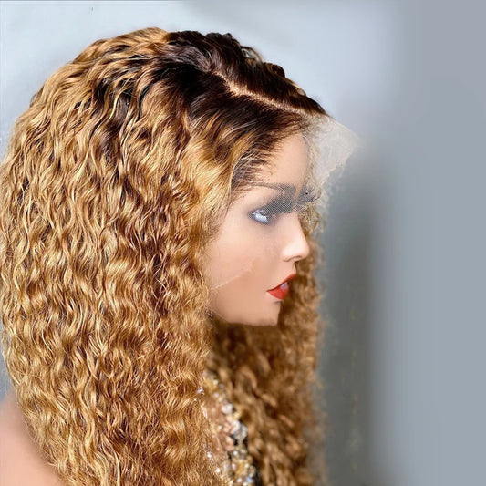 Soft 26"Long Ombre Honey Blonde Preplucked 180Density Glueless Kinky Curly Lace Front Wig For Black Women BabyHair Daily Cosplay