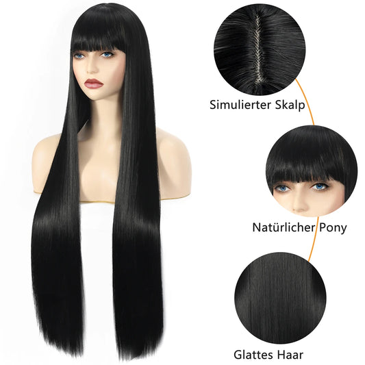 Long Straight Black Wig with Bangs Synthetic Wigs for Women Heat Resistant Hair Lolita Red Pelucas Daily Cosplay Use