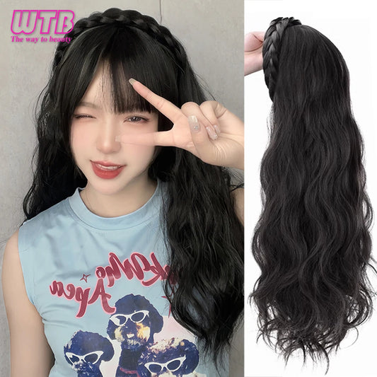 WTB Synthetic Long Wavy Headband Wig Black Brown Women's With Twist Braid Hairband Accessories Natural Half Wig For Women
