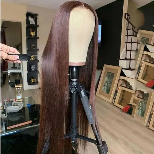 26inch 180density Soft Dark Brown Lace Front Wigs Synthetic Straight Chocolate Brown For Black Women PrePlucked With Baby Hair