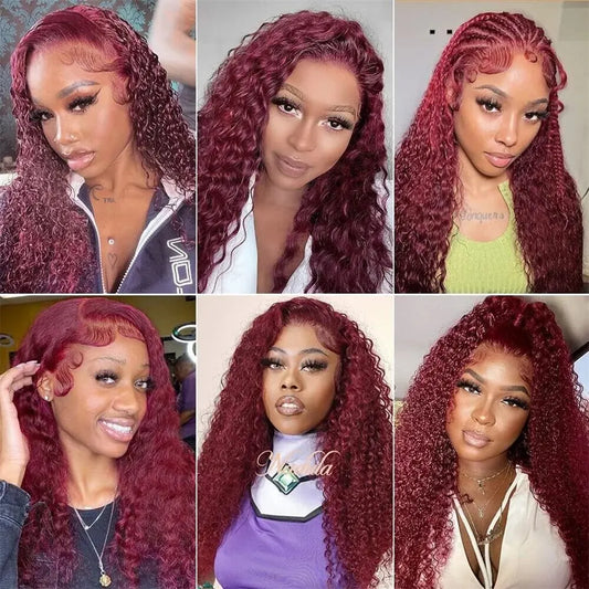 Red Kinky Curly Lace Front Wigs Human Hair 180% Density 13x4 99J Burgundy Human Hair Lace Front Wigs For Fashion Black Women