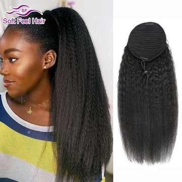 Drawstring Ponytail Human Hair Afro Kinky Straight Ponytail Remy Brazilian Hair Extensions Clip Ins Natural Color Ponytail