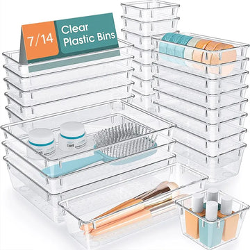 7/14 Pcs Drawer Organizers Set Clear Plastic Desk Dividers Bins Bedroom Dresser Office Storage Box for Makeup Jewelries Gadgets