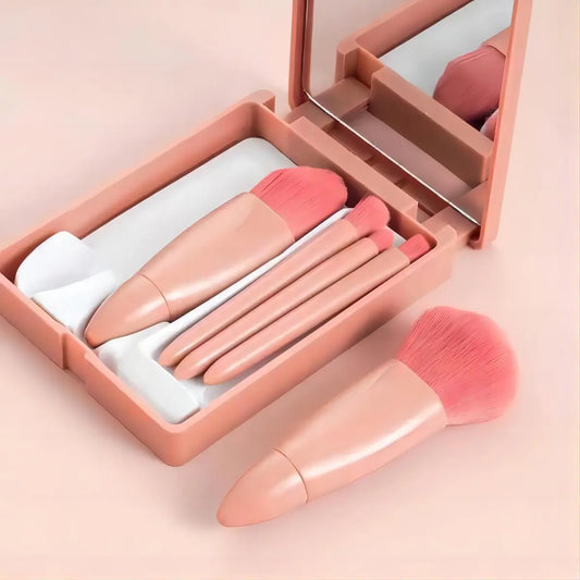 Portable Makeup Mirror With 5 Pcs Makeup Brushes Magnifying Glass Hand Hold Pocket Foldable Makeup