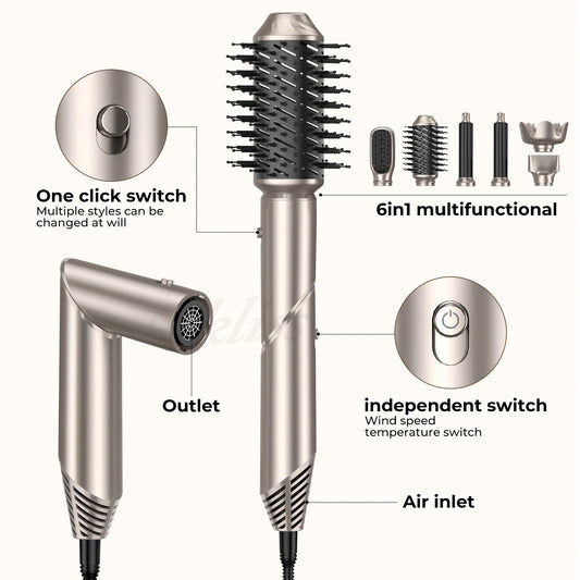 Professional Hot Air Brush 6 In 1 Hair Dryer Brush Foldable Blow Dryer Interchangeable Brushing Head Air Styling Curling Wand