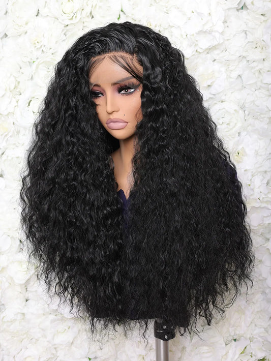 Preplucked Soft 26 Inch 180% Density Long Kinky Curly Natural Black Lace Front Wig