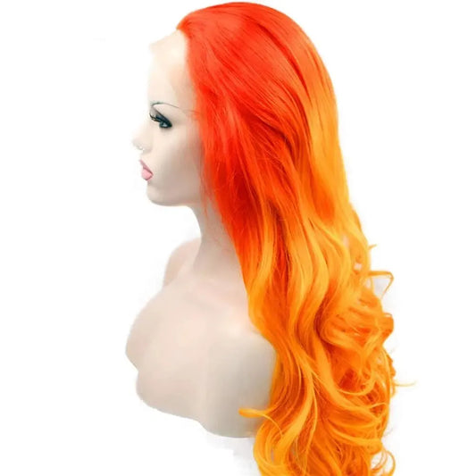 Fiery Red Orange 2 Tone Ombre Body Wave Synthetic Lace Front Wigs Premium Hot Orange Cosplay Heat Resistant Fiber Hair Wigs