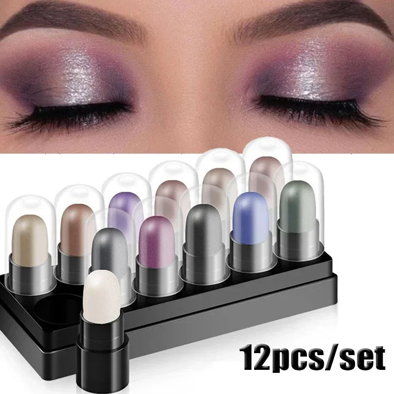 Eyeshadow Pencil Set 12 Colors Waterproof Long Lasting Glitter Shimmer Eye Shadow Pen Highlighter Stick Eyes Makeup Tools