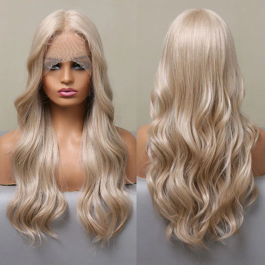 White Blonde Brown Highlight Synthetic Lace Hair Wigs Long Body Wave Lace Wig for Women Light Blonde Cosplay Heat Resistant Wig