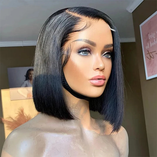 Glueless Short Bob Human Hair Wig Brazilian T Part side part Straight Lace Front Wig For Women Brazilian 150Density  8-16 inches